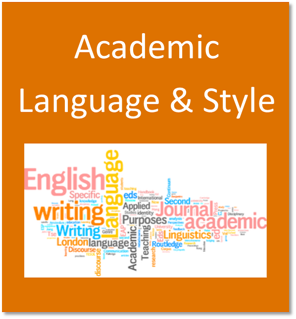 Academic language and style button containing word cloud with terms related to language and research